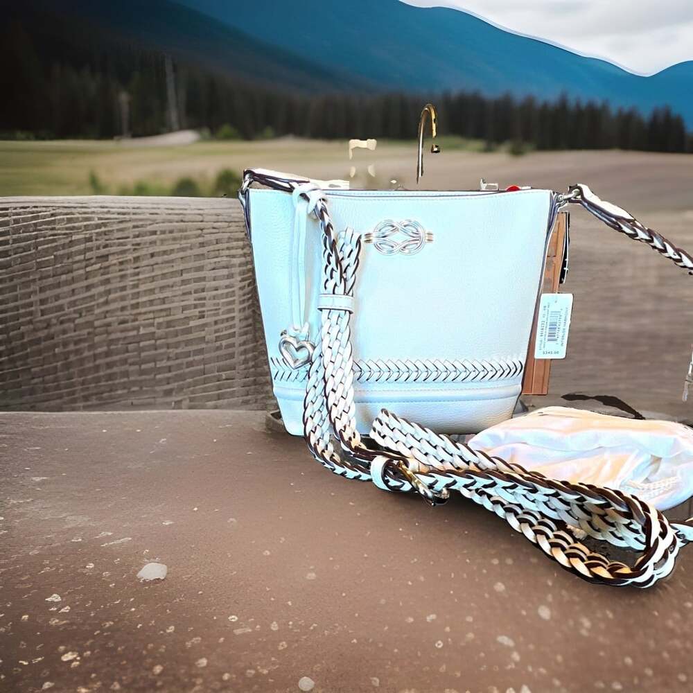 Brighton Freda White Leather Small Bucket Crossbody with Braided Strap